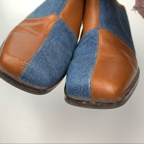 Worthington Napa heels size 8 cognac leather denim square toe mules western 90s - Picture 9 of 11